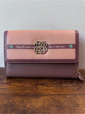 Celtic Blessing Mauve Wallet Trinity Knot Irish Shamrock PinkFaux Leather Clutch